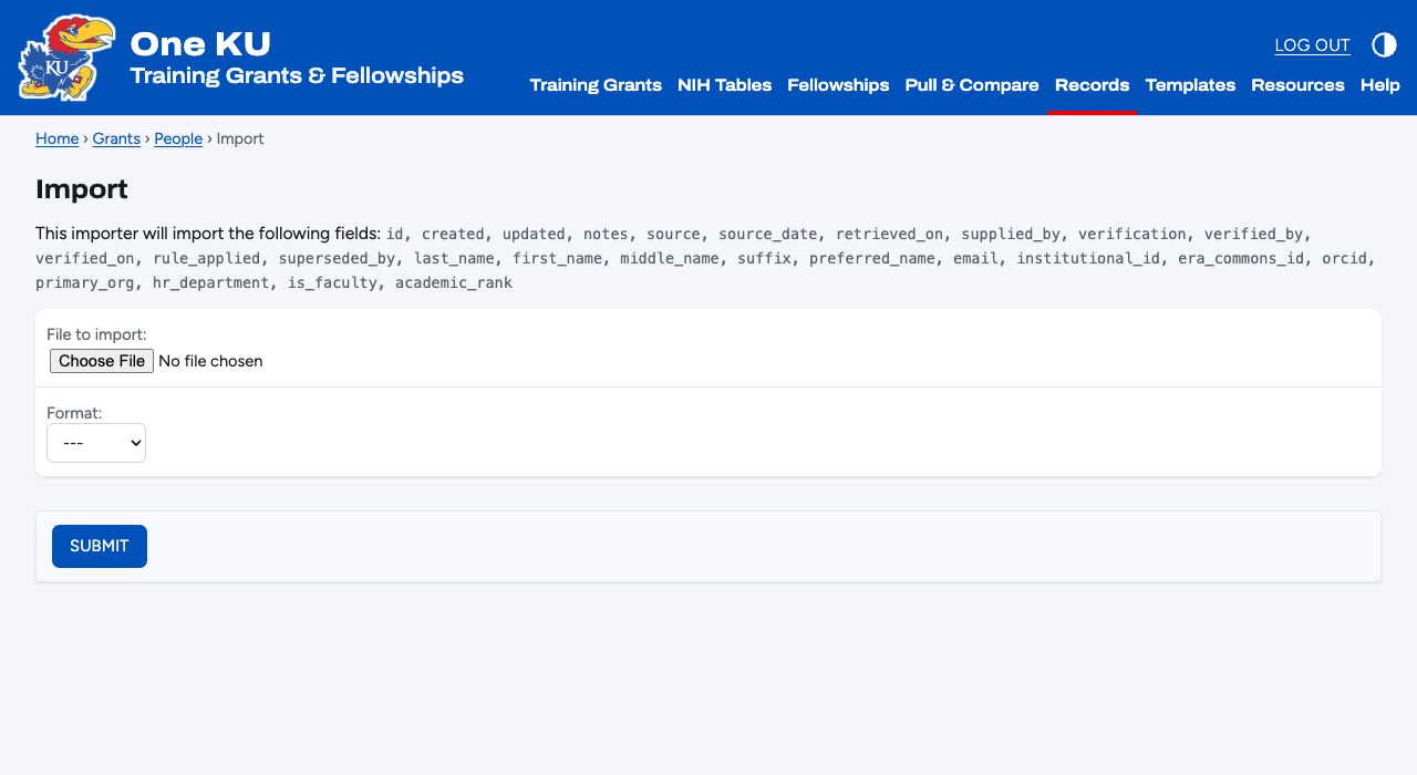 The import screen with file and format fields